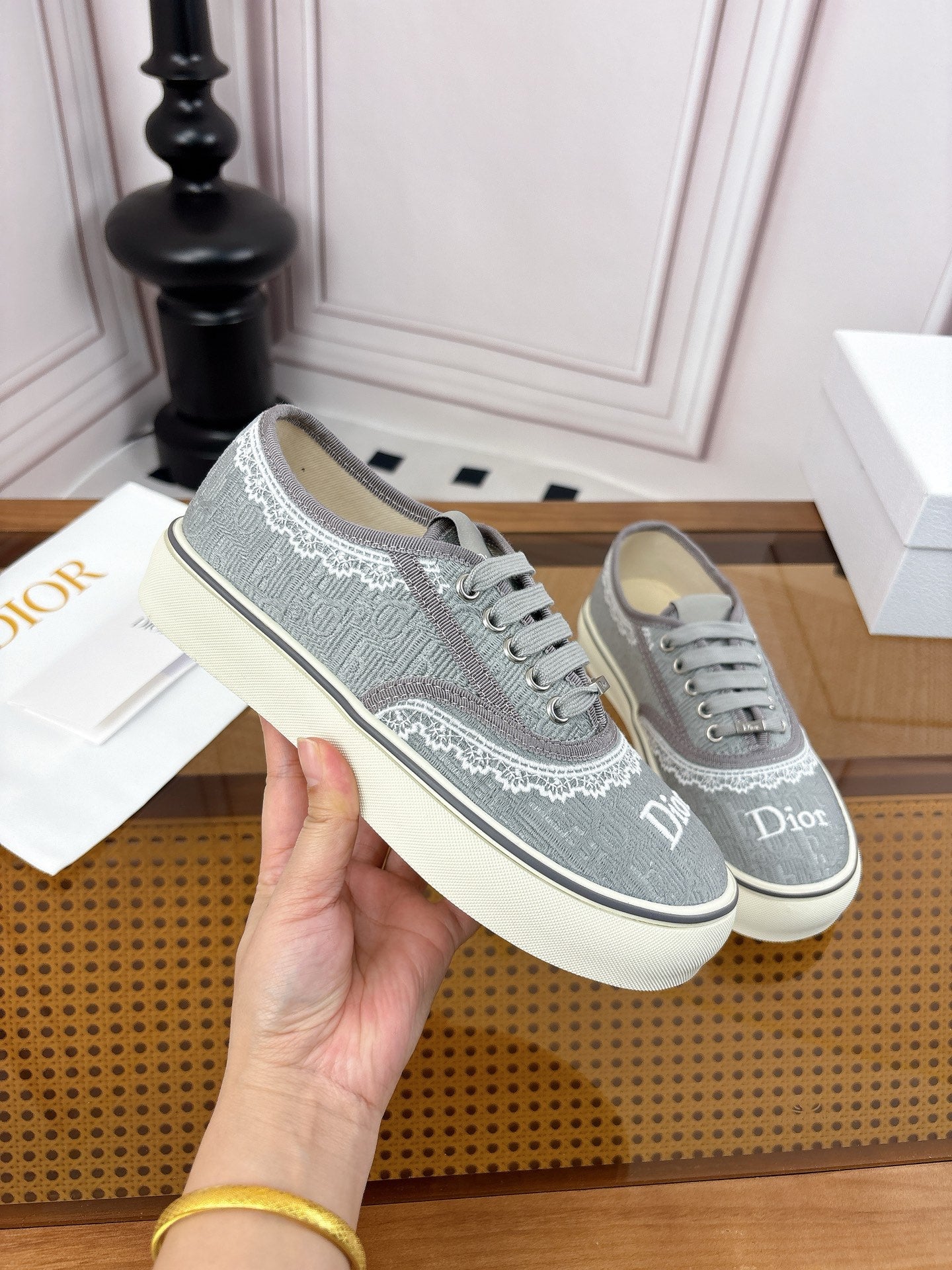 DIOR 26S LOW TOP SNEAKERS IN GREY CANVAS WITH WHITE LACE TRIM & LOGO PRINT