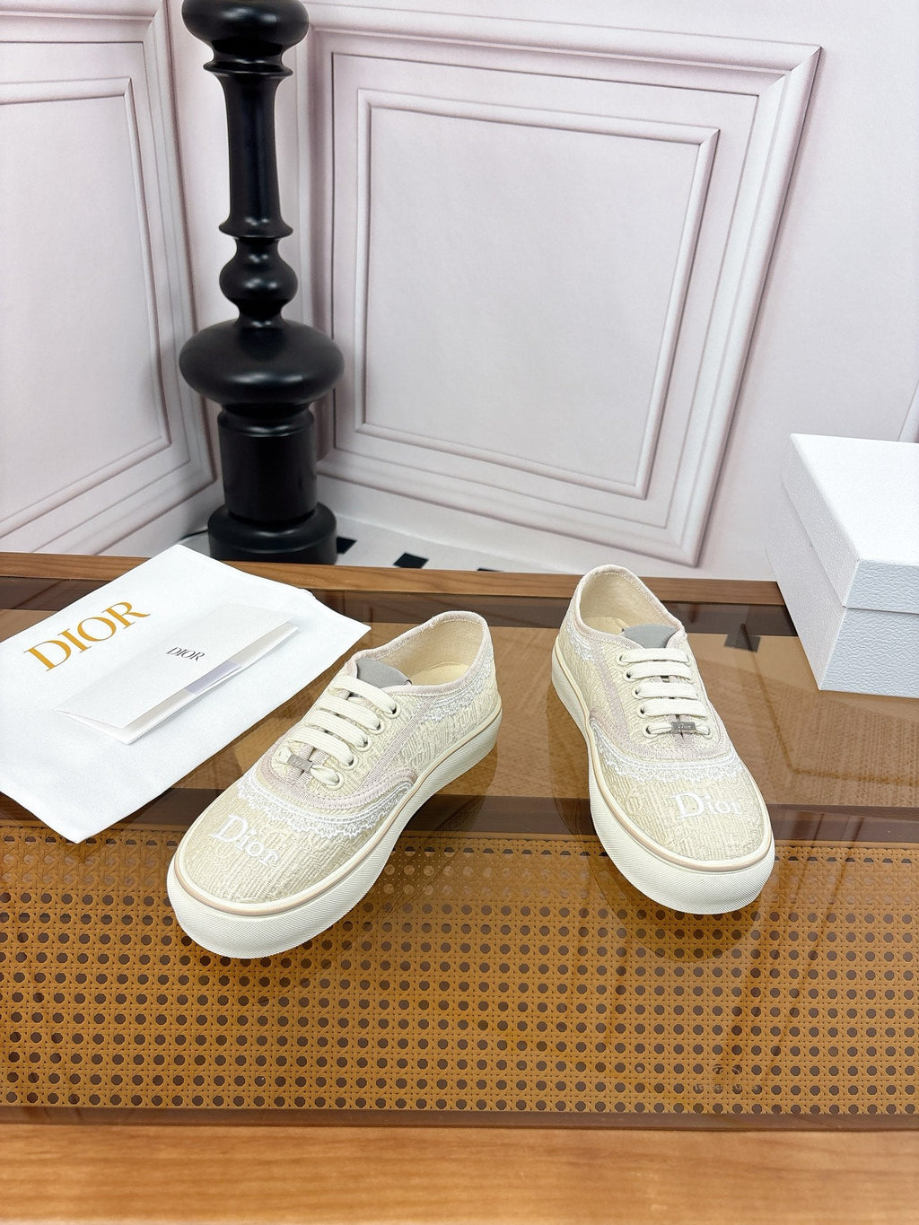DIOR 26S LOW TOP SNEAKERS IN BEIGE CANVAS WITH WHITE LACE TRIM & LOGO PRINT