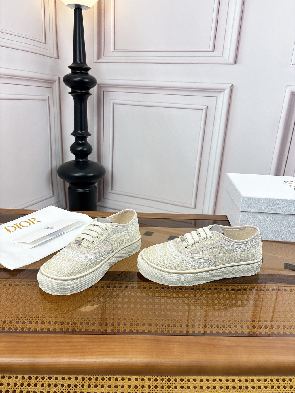 DIOR 26S LOW TOP SNEAKERS IN BEIGE CANVAS WITH WHITE LACE TRIM & LOGO PRINT