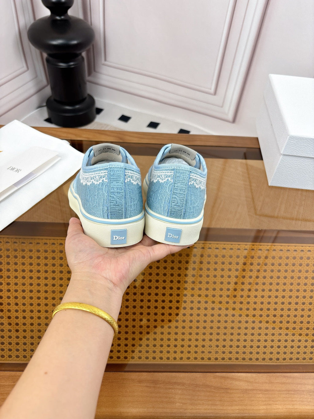 DIOR 26S LOW TOP SNEAKERS IN LIGHT BLUE CANVAS WITH WHITE LACE TRIM & LOGO PRINT