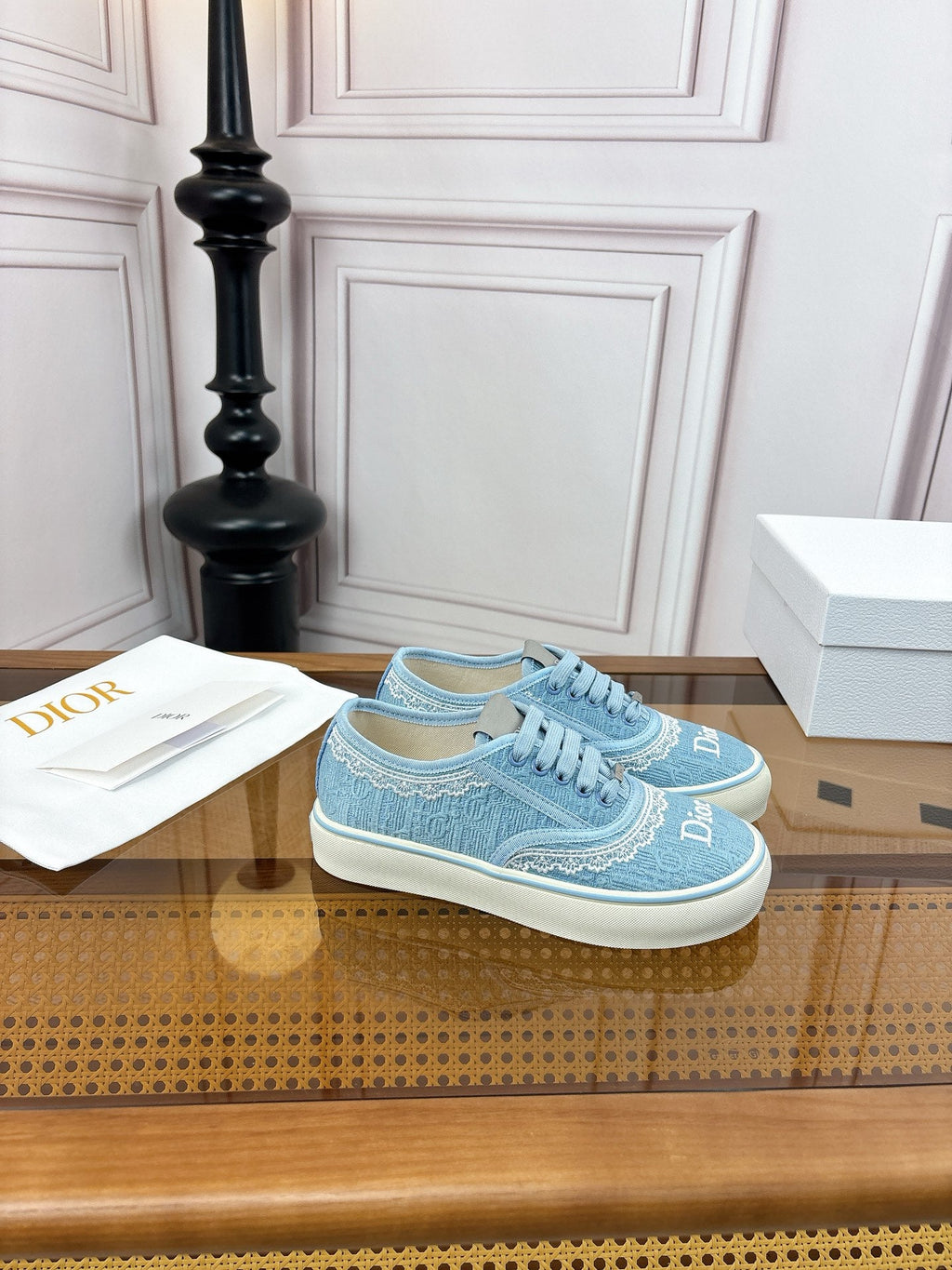 DIOR 26S LOW TOP SNEAKERS IN LIGHT BLUE CANVAS WITH WHITE LACE TRIM & LOGO PRINT