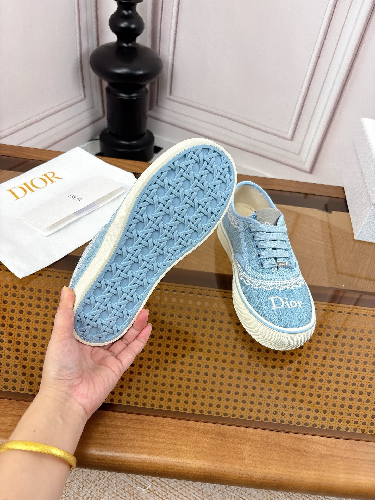 DIOR 26S LOW TOP SNEAKERS IN LIGHT BLUE CANVAS WITH WHITE LACE TRIM & LOGO PRINT