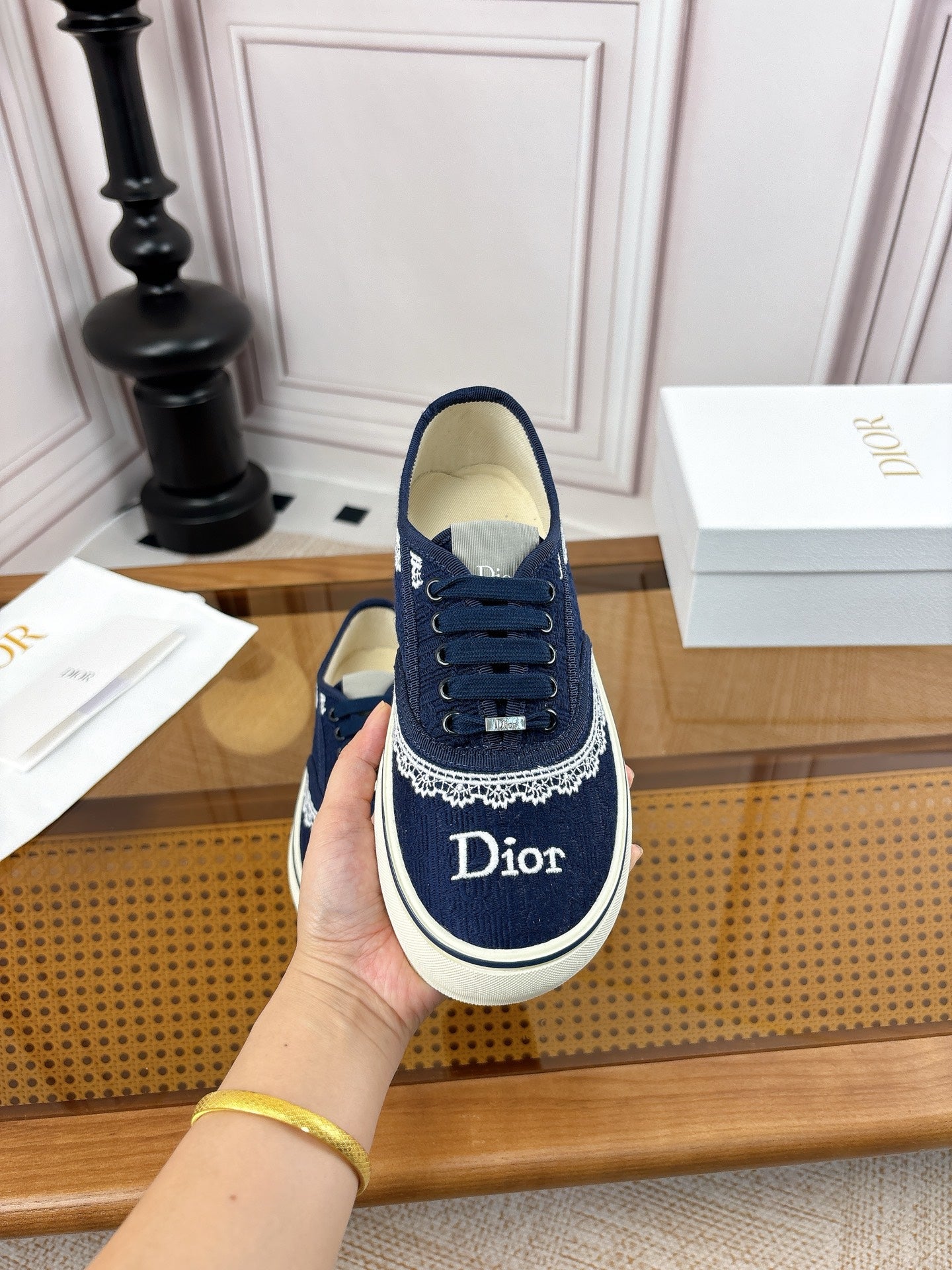 DIOR 26S LOW TOP SNEAKERS IN NAVY BLUE CANVAS WITH WHITE LACE TRIM & LOGO PRINT