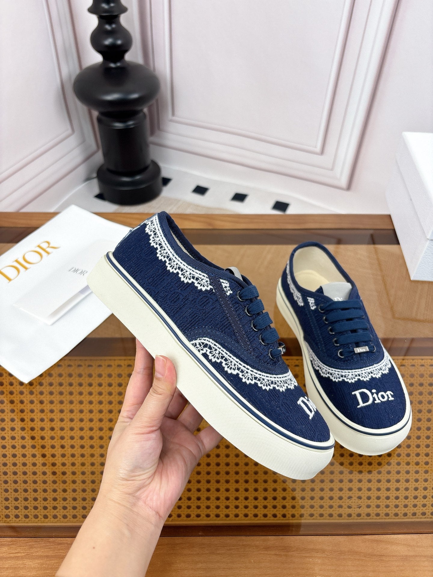 DIOR 26S LOW TOP SNEAKERS IN NAVY BLUE CANVAS WITH WHITE LACE TRIM & LOGO PRINT