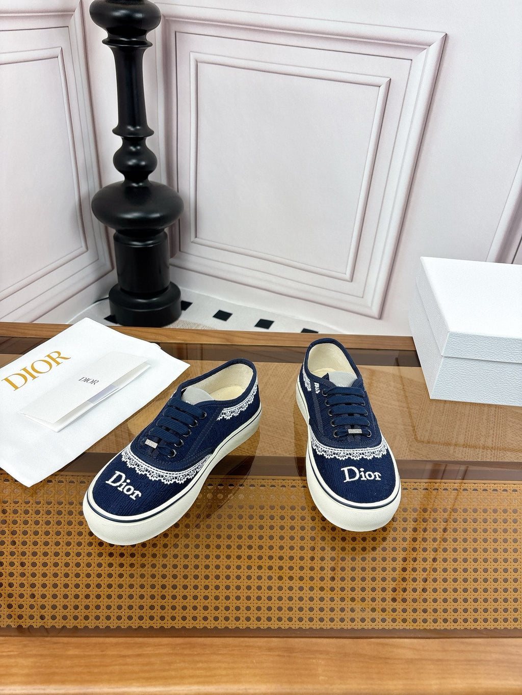 DIOR 26S LOW TOP SNEAKERS IN NAVY BLUE CANVAS WITH WHITE LACE TRIM & LOGO PRINT