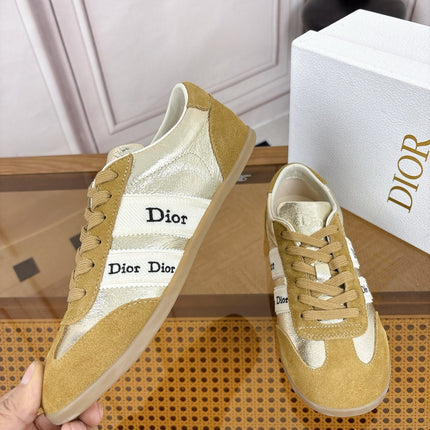 DIOR 26S SNEAKERS IN OLIVE BROWN SUEDE AND SILVER METALLIC CALFSKIN
