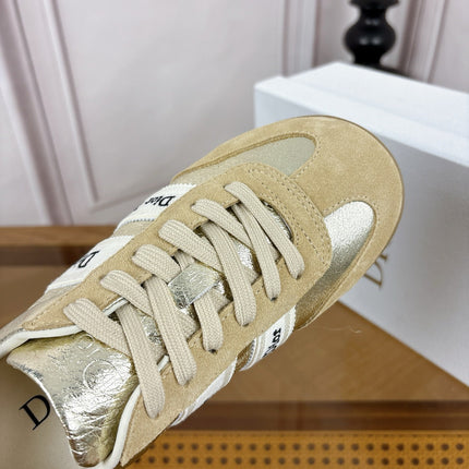 DIOR 26S SNEAKERS IN BEIGE SUEDE AND GOLD METALLIC CALFSKIN
