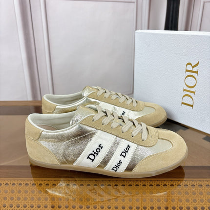 DIOR 26S SNEAKERS IN BEIGE SUEDE AND GOLD METALLIC CALFSKIN