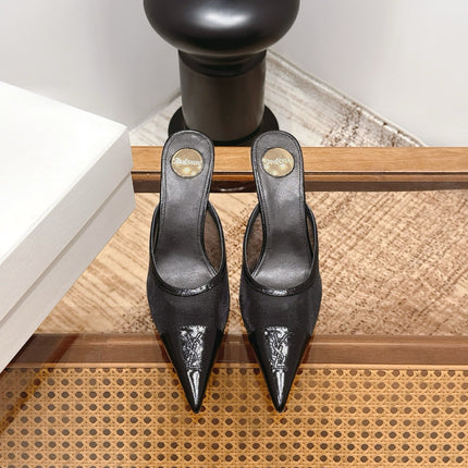 YSL 26S HEELED MULES 75 MM IN BLACK CALFSKIN & MESH