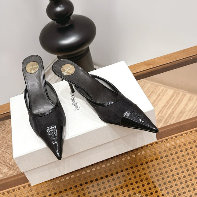 YSL 26S HEELED MULES 75 MM IN BLACK CALFSKIN & MESH