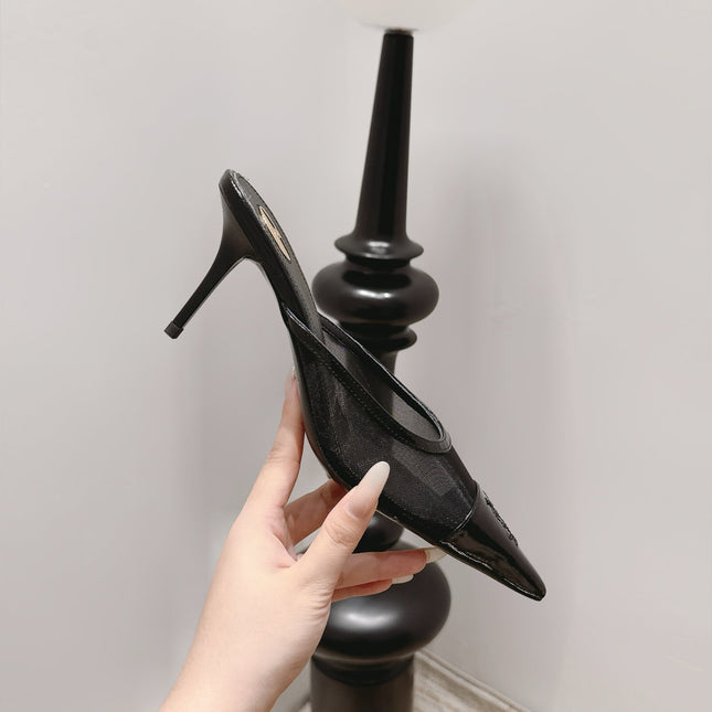 YSL 26S HEELED MULES 75 MM IN BLACK CALFSKIN & MESH