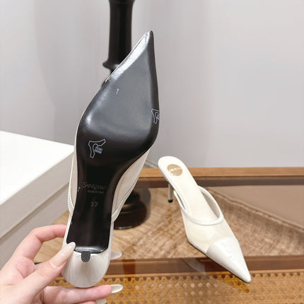 YSL 26S HEELED MULES 75 MM IN WHITE CALFSKIN & MESH