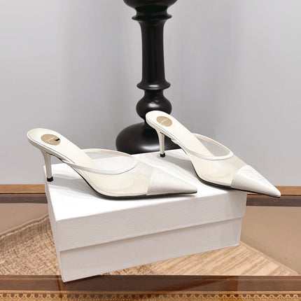 YSL 26S HEELED MULES 75 MM IN WHITE CALFSKIN & MESH