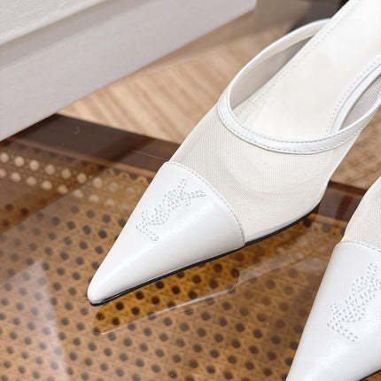 YSL 26S HEELED MULES 75 MM IN WHITE CALFSKIN & MESH