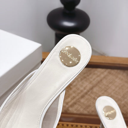 YSL 26S HEELED MULES 75 MM IN WHITE CALFSKIN & MESH