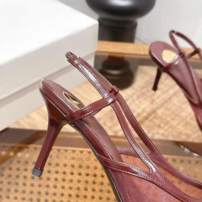 YSL 26S SLINGBACK PUMPS 75 MM IN DARK RED CALFSKIN & MESH