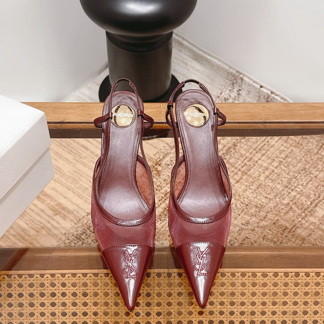 YSL 26S SLINGBACK PUMPS 75 MM IN DARK RED CALFSKIN & MESH