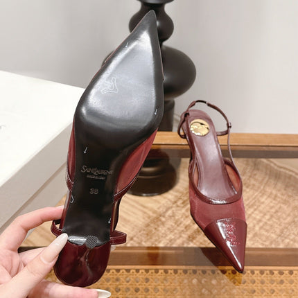 YSL 26S SLINGBACK PUMPS 75 MM IN DARK RED CALFSKIN & MESH