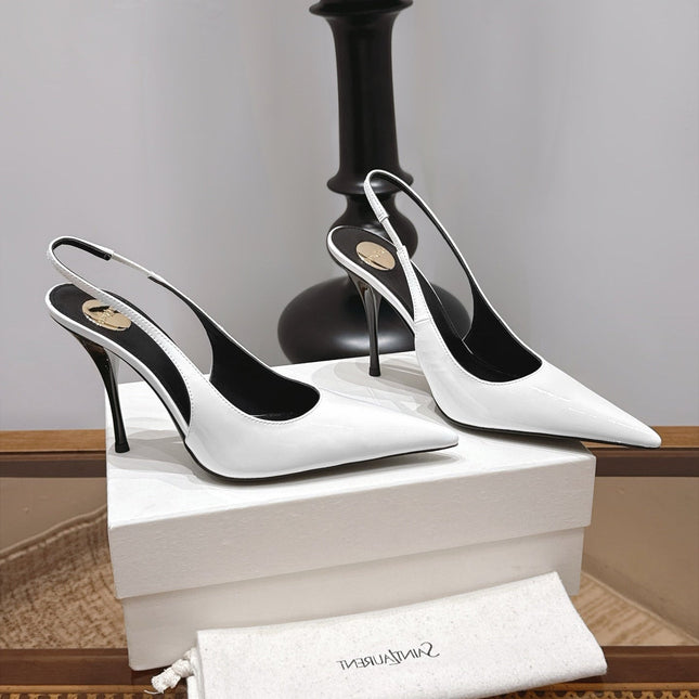 YSL 26S SLINGBACK PUMPS 105 MM IN WHITE PATENT CALFSKIN