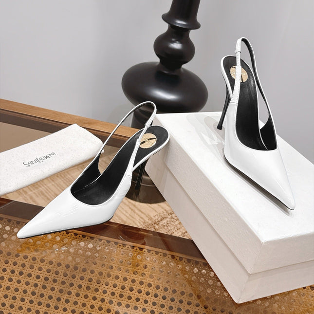 YSL 26S SLINGBACK PUMPS 105 MM IN WHITE PATENT CALFSKIN