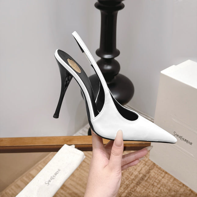 YSL 26S SLINGBACK PUMPS 105 MM IN WHITE PATENT CALFSKIN