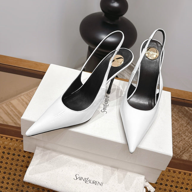 YSL 26S SLINGBACK PUMPS 105 MM IN WHITE PATENT CALFSKIN