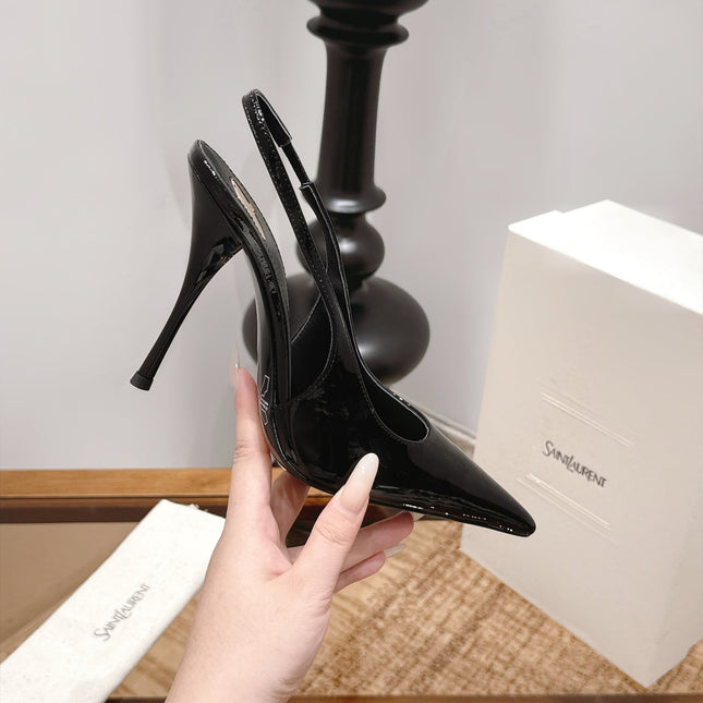 YSL 26S SLINGBACK PUMPS 105 MM IN BLACK PATENT CALFSKIN