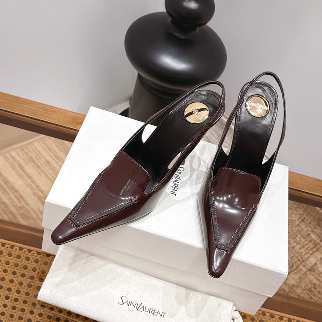 YSL 26S POINTED-TOE SLINGBACK 105 MM IN DARK BROWN SHINY CALFSKIN