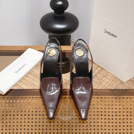 YSL 26S POINTED-TOE SLINGBACK 105 MM IN DARK BROWN SHINY CALFSKIN