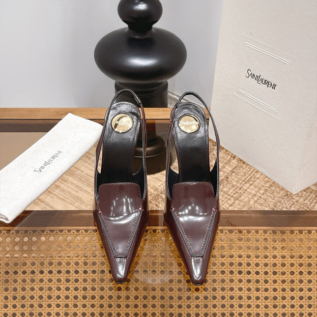 YSL 26S POINTED-TOE SLINGBACK 105 MM IN DARK BROWN SHINY CALFSKIN
