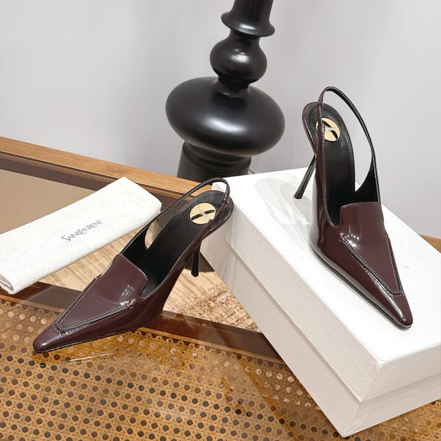 YSL 26S POINTED-TOE SLINGBACK 105 MM IN DARK BROWN SHINY CALFSKIN