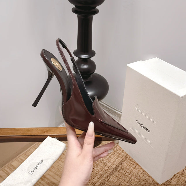 YSL 26S POINTED-TOE SLINGBACK 105 MM IN DARK BROWN SHINY CALFSKIN