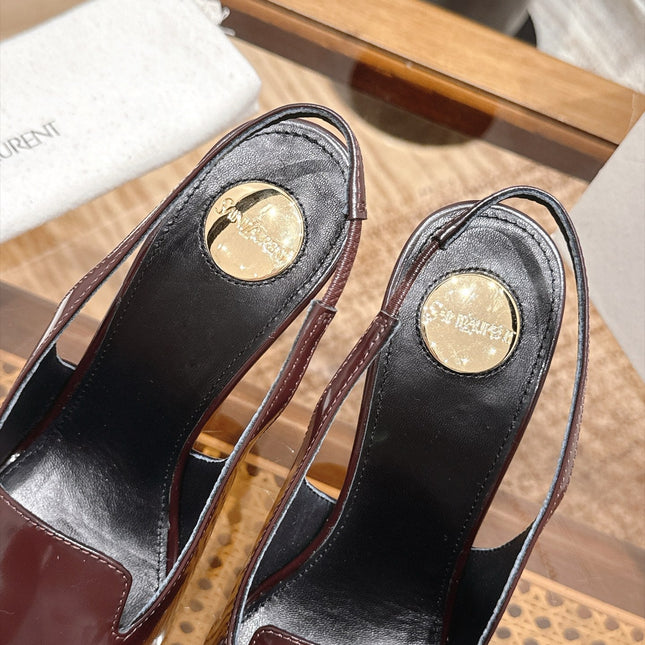 YSL 26S POINTED-TOE SLINGBACK 105 MM IN DARK BROWN SHINY CALFSKIN