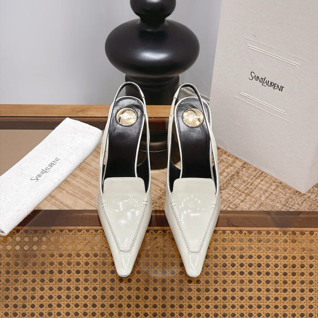 YSL 26S POINTED-TOE SLINGBACK 105 MM IN CREAM WHITE PATENT CALFSKIN