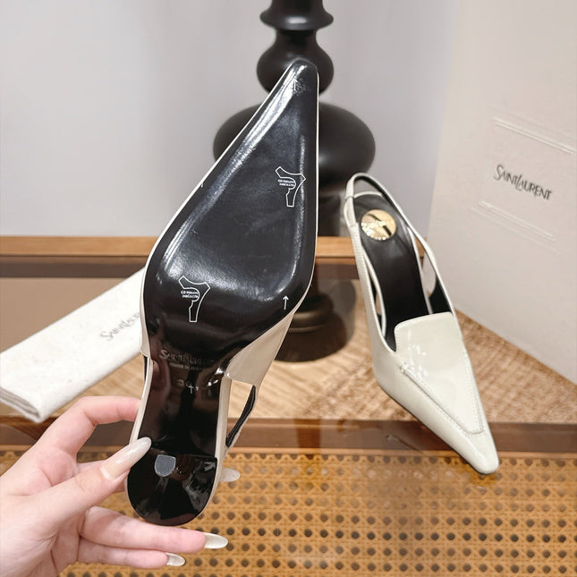 YSL 26S POINTED-TOE SLINGBACK 105 MM IN CREAM WHITE PATENT CALFSKIN
