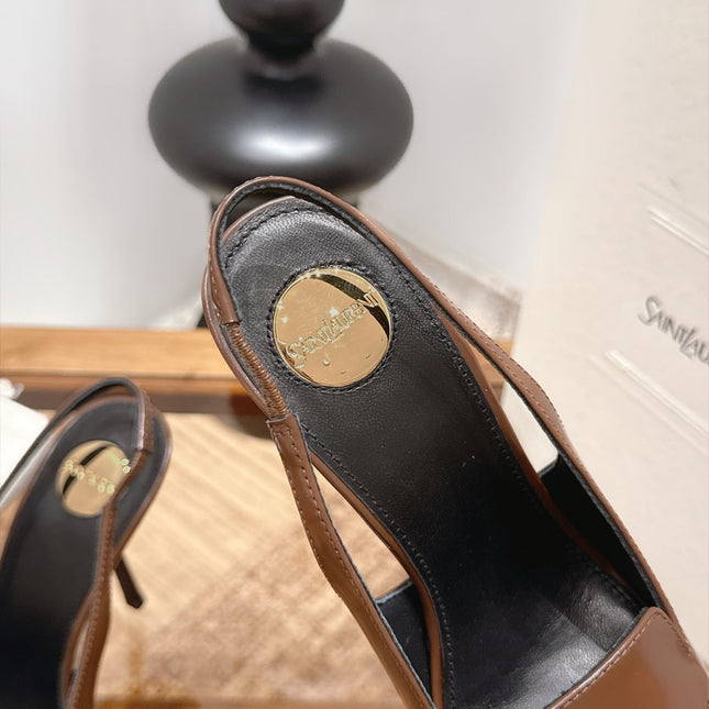 YSL 26S POINTED-TOE SLINGBACK 105 MM IN BROWN SHINY CALFSKIN