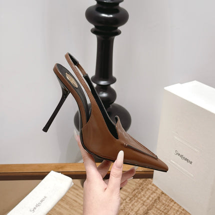 YSL 26S POINTED-TOE SLINGBACK 105 MM IN BROWN SHINY CALFSKIN
