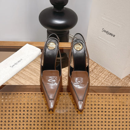 YSL 26S POINTED-TOE SLINGBACK 105 MM IN BROWN SHINY CALFSKIN