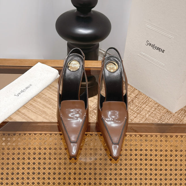 YSL 26S POINTED-TOE SLINGBACK 105 MM IN BROWN SHINY CALFSKIN