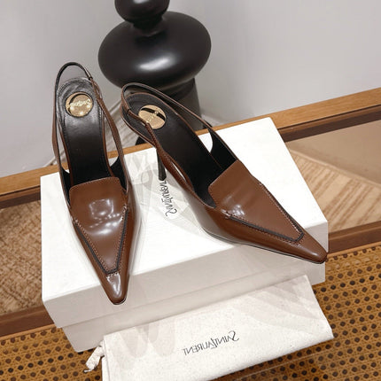 YSL 26S POINTED-TOE SLINGBACK 105 MM IN BROWN SHINY CALFSKIN