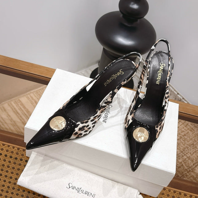 YSL 26S SLINGBACK HEELS 105 MM IN BLACK CALFSKIN & LEOPARD PRINT PONY HAIR