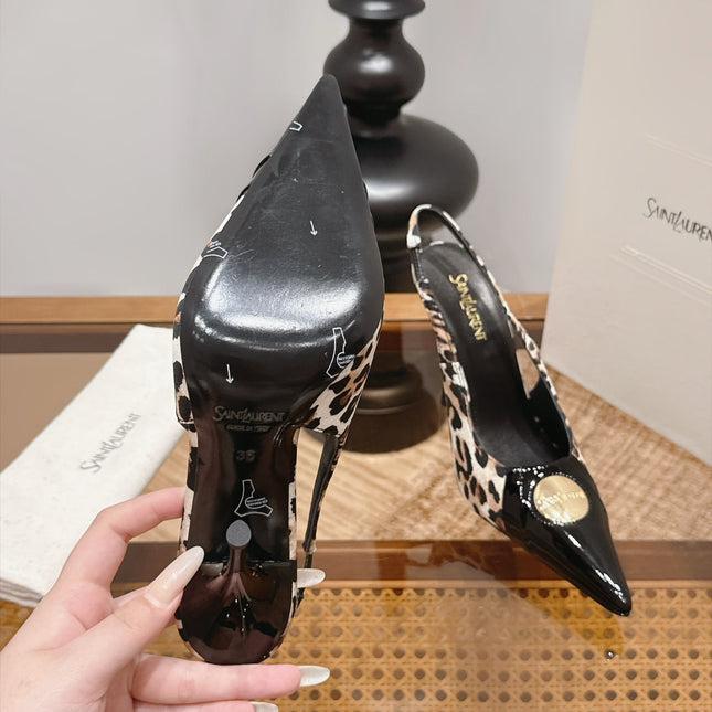 YSL 26S SLINGBACK HEELS 105 MM IN BLACK CALFSKIN & LEOPARD PRINT PONY HAIR