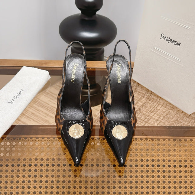 YSL 26S SLINGBACK HEELS 105 MM IN BLACK CALFSKIN & LEOPARD PRINT FABRIC WITH GOLD HARDWARE