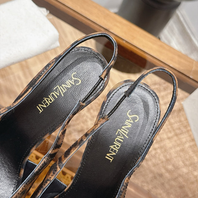 YSL 26S SLINGBACK HEELS 105 MM IN BLACK CALFSKIN & LEOPARD PRINT FABRIC WITH GOLD HARDWARE