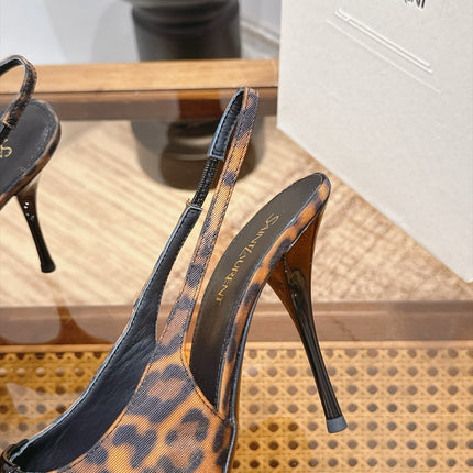 YSL 26S SLINGBACK HEELS 105 MM IN BLACK CALFSKIN & LEOPARD PRINT FABRIC WITH GOLD HARDWARE