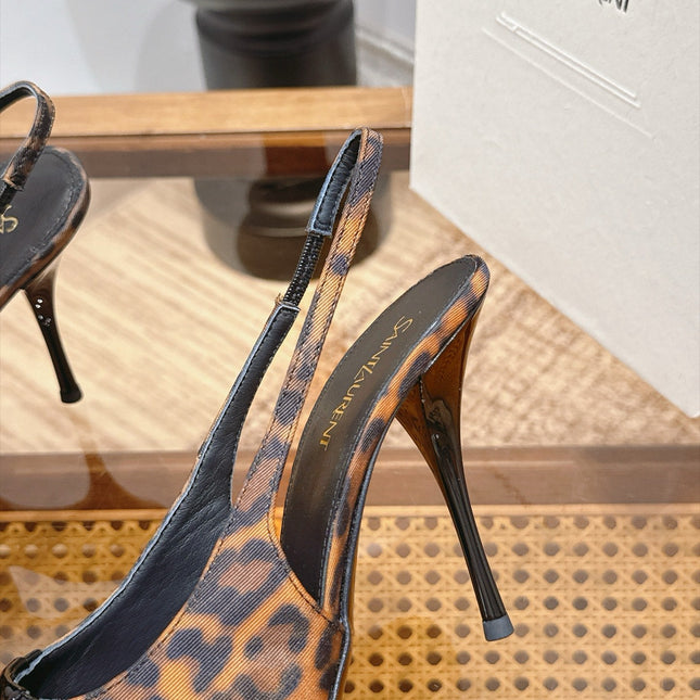 YSL 26S SLINGBACK HEELS 105 MM IN BLACK CALFSKIN & LEOPARD PRINT FABRIC WITH GOLD HARDWARE