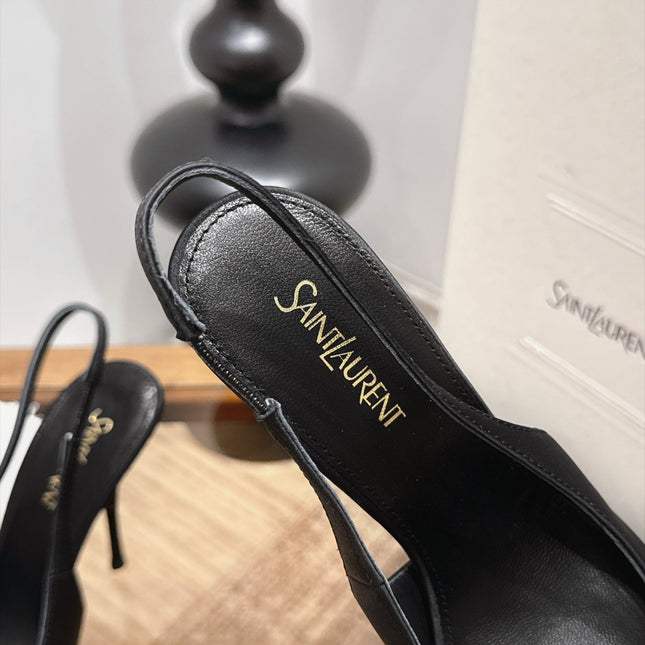 YSL 26S SLINGBACK HEELS 105 MM IN BLACK GLOSSY CALFSKIN WITH GOLD COIN HARDWARE