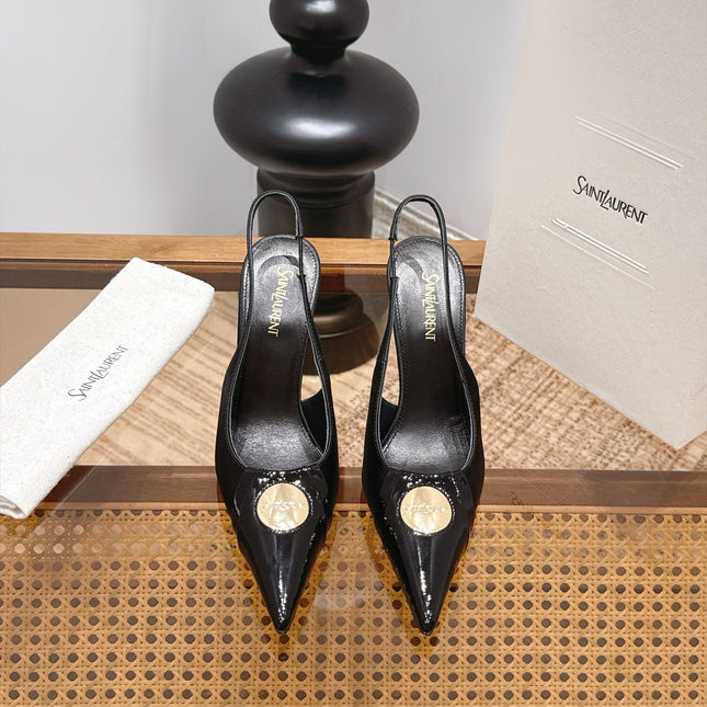 YSL 26S SLINGBACK HEELS 105 MM IN BLACK GLOSSY CALFSKIN WITH GOLD COIN HARDWARE