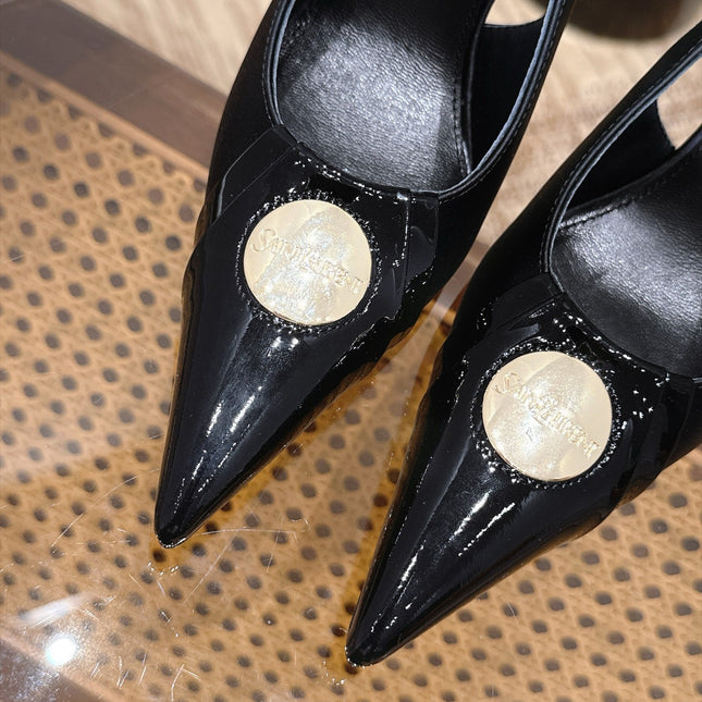 YSL 26S SLINGBACK HEELS 105 MM IN BLACK GLOSSY CALFSKIN WITH GOLD COIN HARDWARE