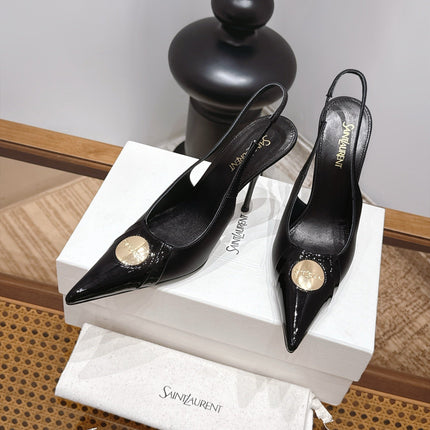 YSL 26S SLINGBACK HEELS 105 MM IN BLACK GLOSSY CALFSKIN WITH GOLD COIN HARDWARE